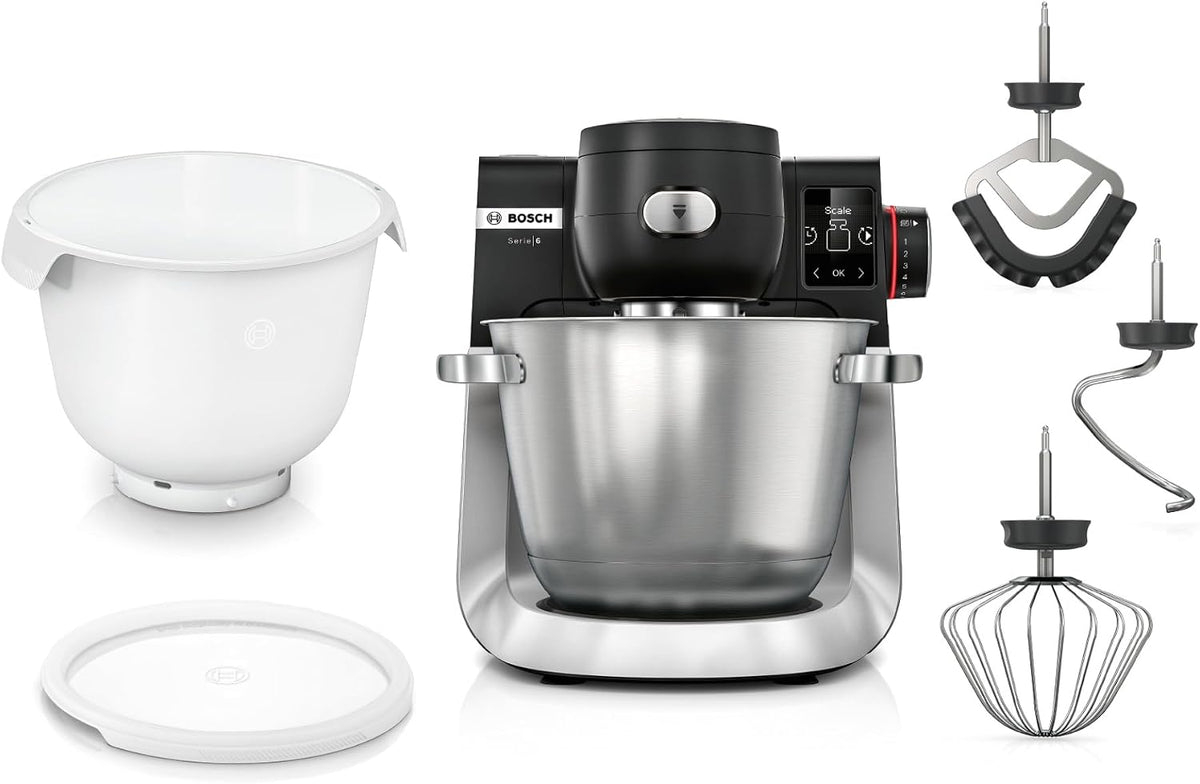 Bosch Universalküchenmaschinen, 5,5 l, Schwarz/Silber/Weiß, Küchenmaschine Serie 6, 2 Schüsseln (Edelstahl, Kunststoff)
