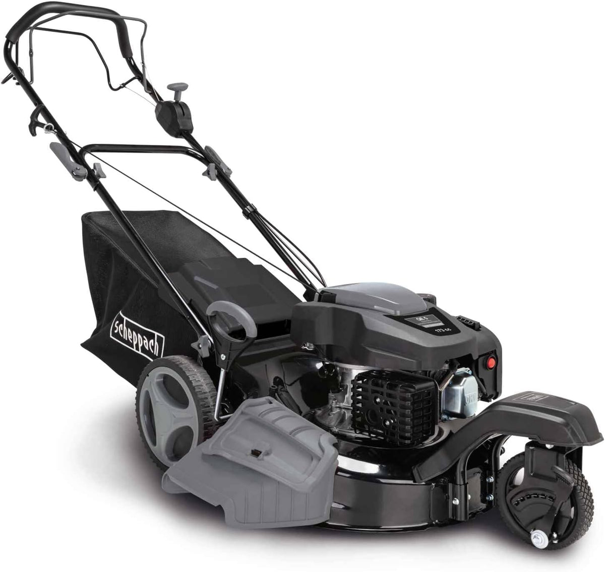 Scheppach Rasenmäher, 51 cm, 75 mm, 65 L, Schwarz/Grau, Benzin MS197-51B Trike mit Antrieb, 6in1 Funktionen / 5, 2PS Leistung / 200 CCM