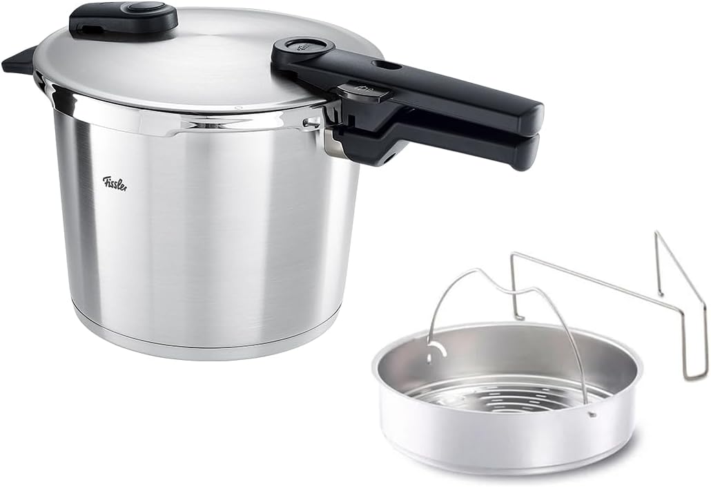 Fissler Schnellkochtöpfe, 22 cm, 6 L, Silber/Schwarz, Vitaquick Premium/Schnellkochtopf (, Ø ) m. Einsatz, Edelstahl-Dampfkochtopf