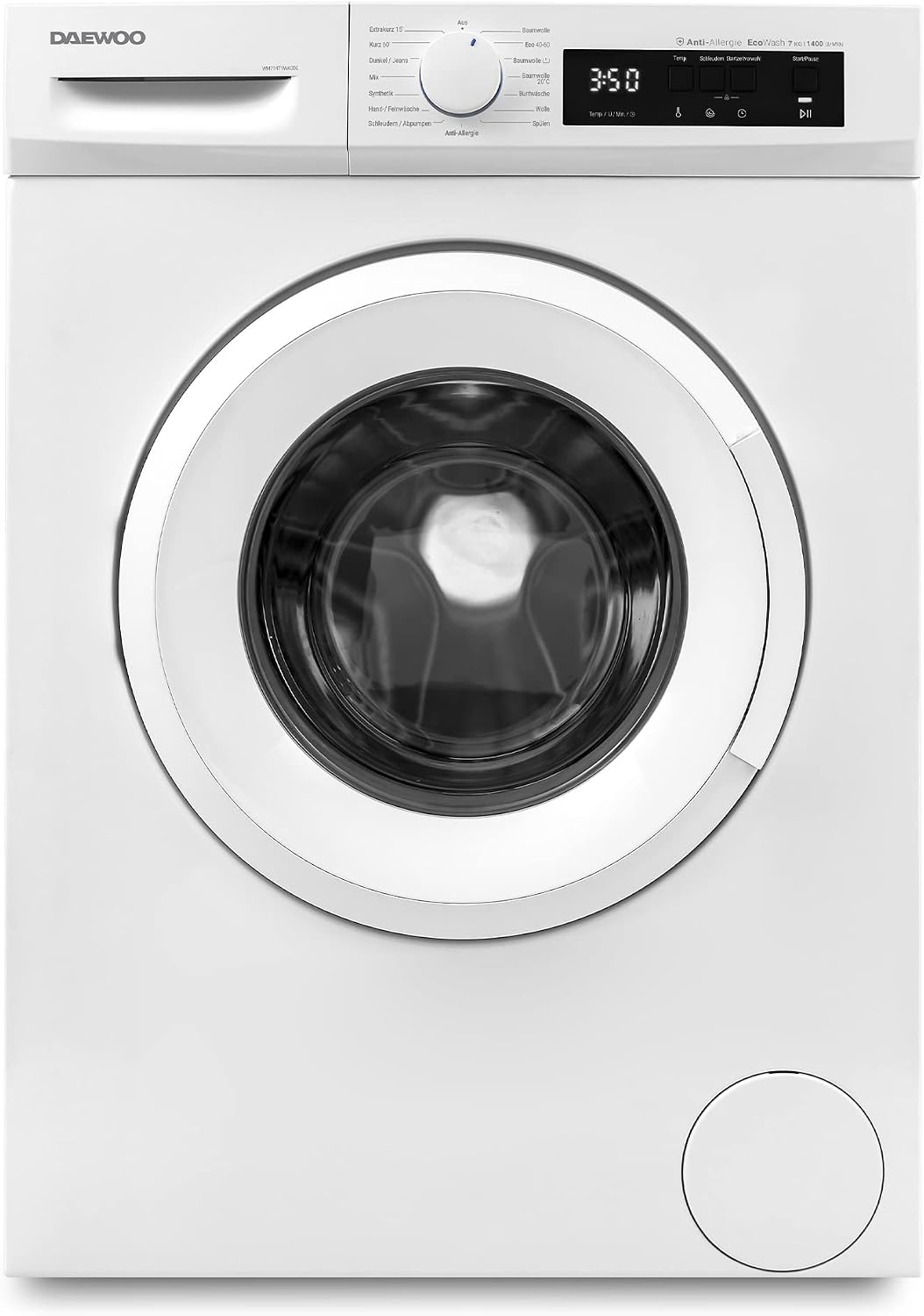 Daewoo Waschmaschine, 7 kg, Weiß, WM714T1WA0DE Frontlader, 1400 U/min/Advanced Inverter Motor, 15 Programme inkl. 15 min Kurzprogramm