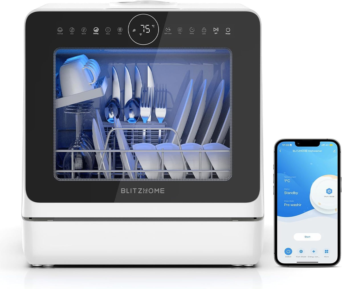 BLITZHOME Tischgeschirrspüler, 5 L, Weiß/Schwarz, Mini Spülmaschine, Geschirrspüler 8+2 Programme Smart App Steuerung Tragbarer