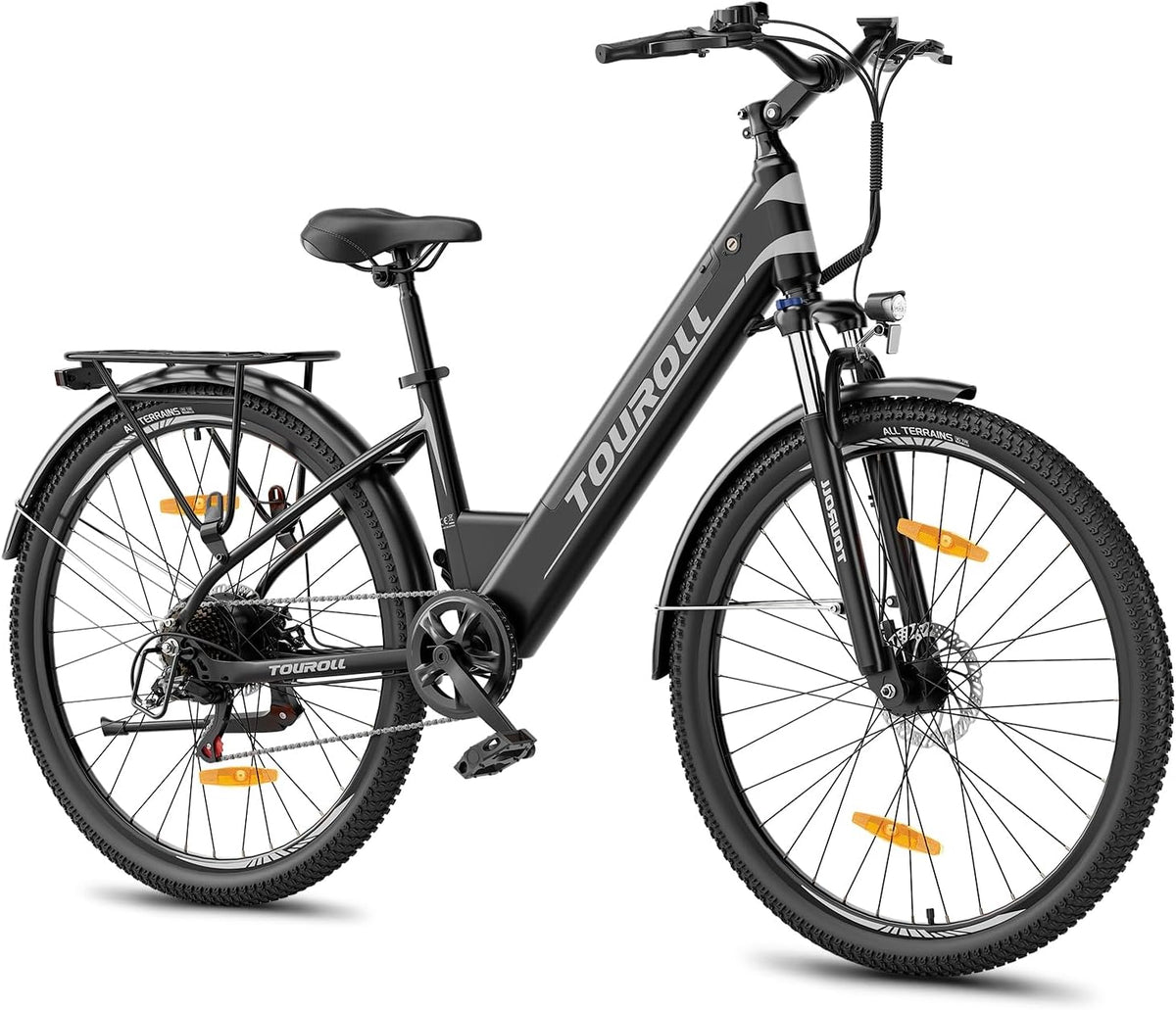 Touroll E-Bike, 561.6 Wh, 250 W, Schwarz, J1 ST 27, 5' E Bike, Elektrofahrrad Trekkingrad Herren Damen mit Akku, 100km Reichweite