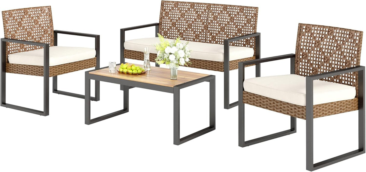 PHI VILLA Sofa, Braun/Beige, Gartenmöbel Balkonmöbel Set mit 1 x 2-Sitzer, 2 x Sessel und 1 x Tisch, Beige & Braun