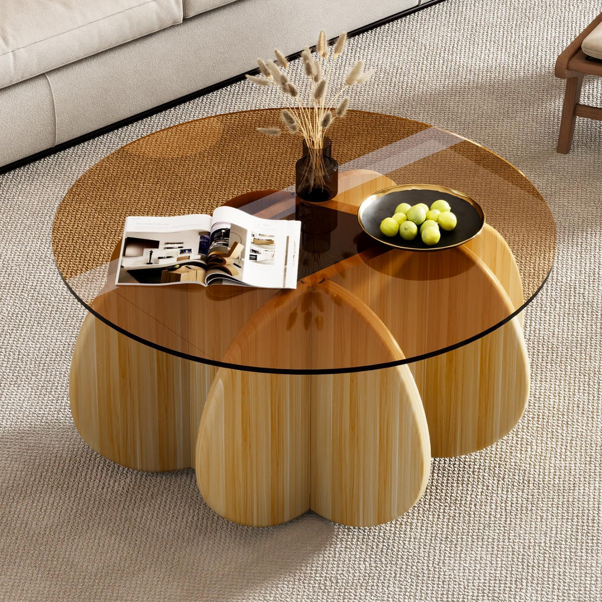Sofa Yaruifnt, Braun/Orange, Runder Couchtisch mit Tischplatte aus gehärtetem Glas, moderner Mitteltisch für kleine Räume