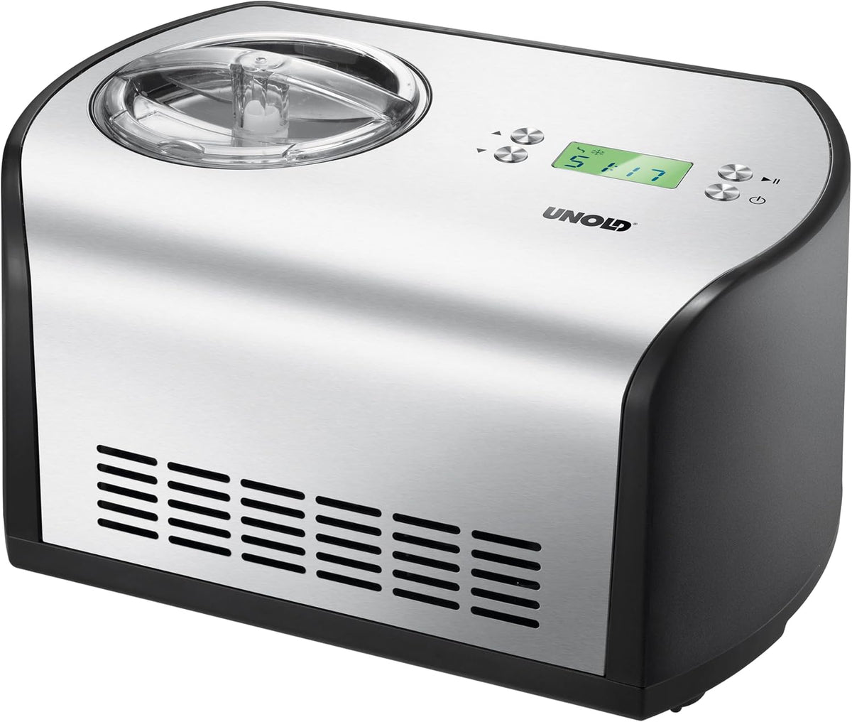 Unold Eismaschine, 135 W, 220–240 V~, 50 Hz, Maße: ca. 40 x 26 x 22 cm, 1,2 Liter, Schwarz/Edelstahl