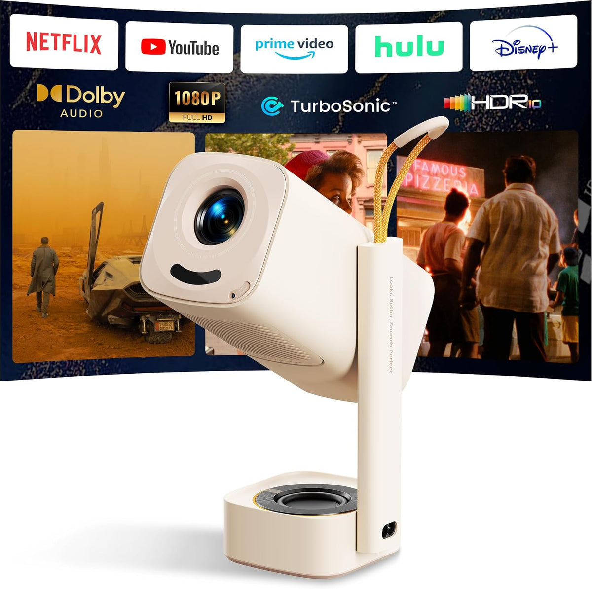 Yaber PROJECTOR Beamer, Creme, Mini 【Turbo Sonic Bass & HDR 10】 T1 Pro Smart Heimkino, Bluetooth 5.4 und WiFi 6
