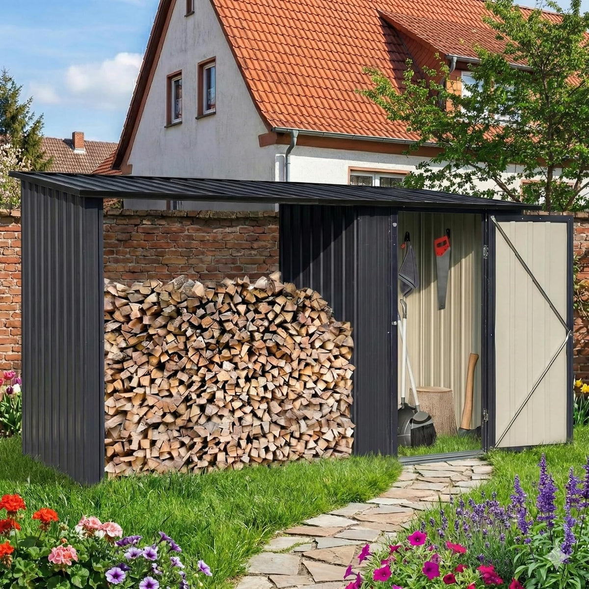ALBATROS Gerätehaus, 266x127x161 cm, 2,3m, Anthrazit, Profi M, Geräteschuppen mit Holzunterstand für ³ Holz, verzinktes Metall in (RAL 7016)