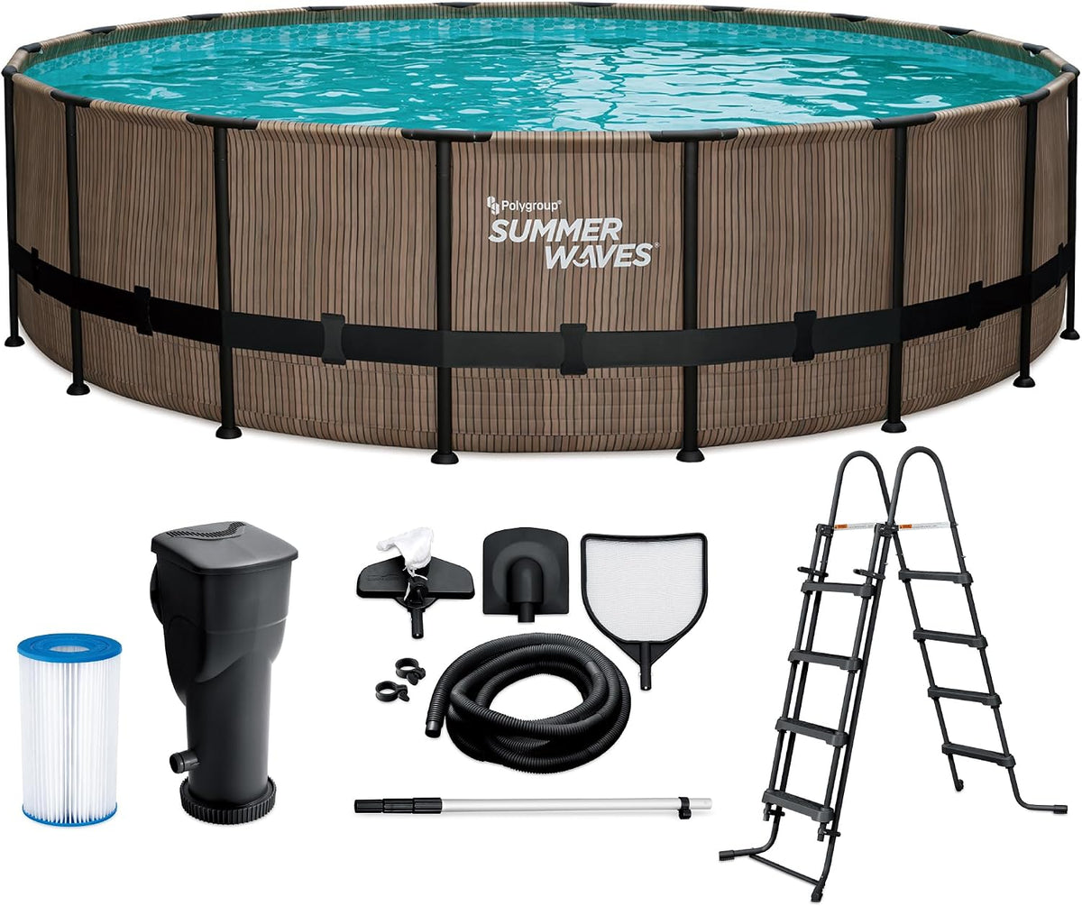 Summer Waves Stahlrahmenpool, 549x132 cm, Braun, Frame Pool Komplettset, Rund Teak Optik, Aufstellpool Set, Einstiegsleiter