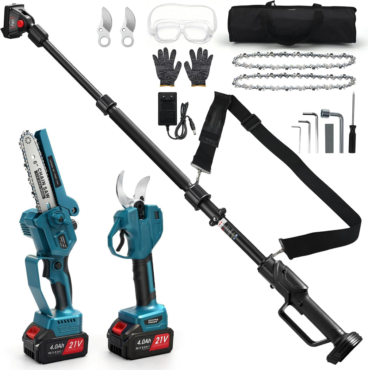 panthem Kettensäge, 6 Zoll, 55 mm, 4,1m, 18 V, schwarz/blau, 4 in 1 Akku Astschere Mini Teleskop mit 2x4 Ah Akkus