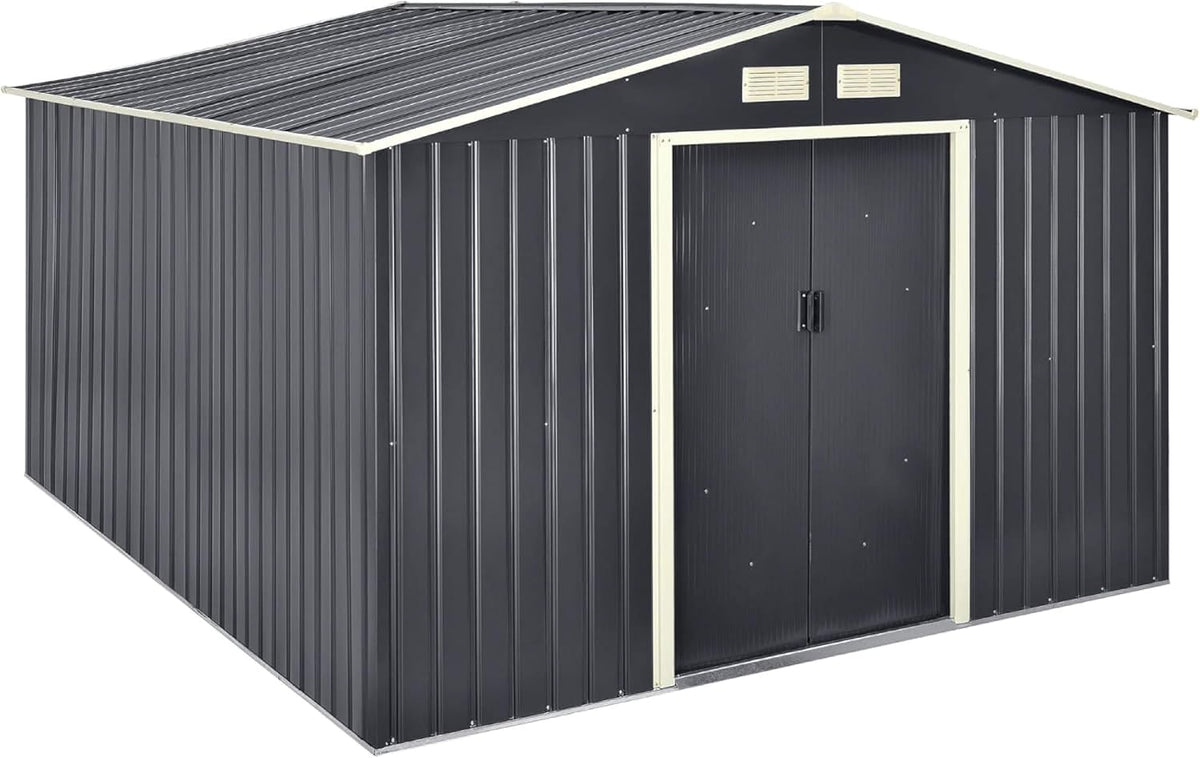 [en.casa] Gerätehaus, 277x319x192 cm, 15 m, Dunkelgrau, Geräteschuppen Gartenhaus ³ mit Satteldach Metallrahmen