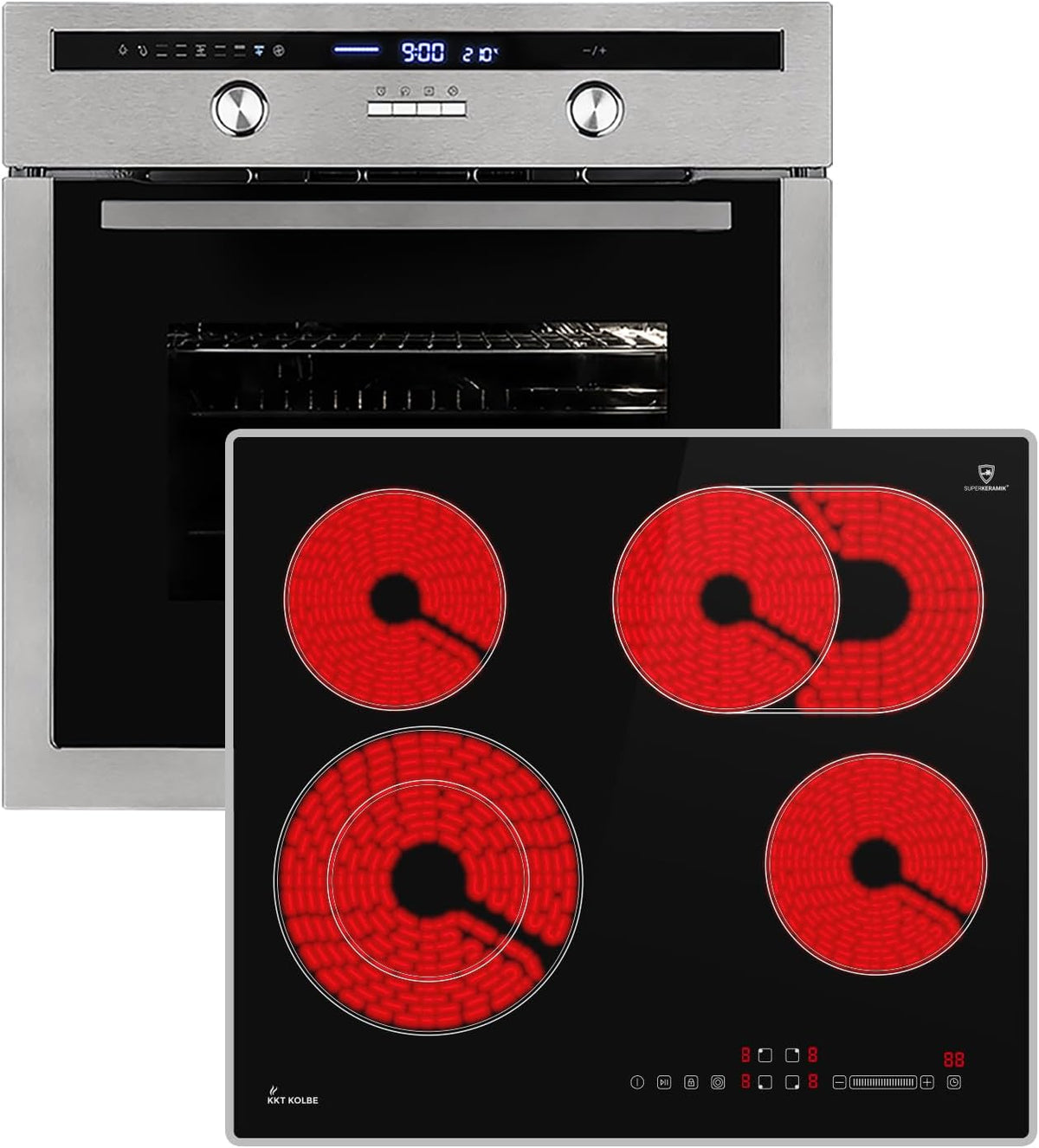 KKT KOLBE Backofen, 6600 W, 60 cm, 59 cm, Silber/Schwarz/Rot, Autarkes Herdset, Einbau EB8013ED, Kochfeld CH5901AL