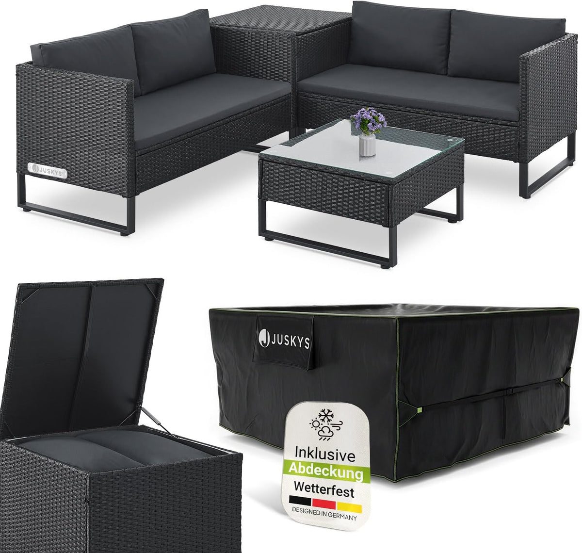 Juskys Beistelltisch, Schwarz, ® Outdoor Polyrattan Lounge Santorini inkl. Abdeckung