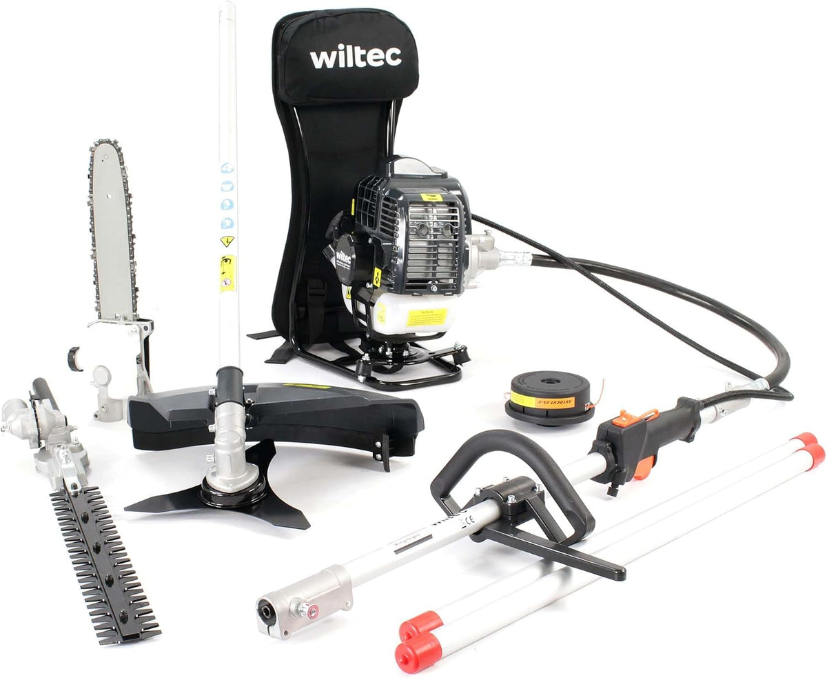 Wiltec Rasentrimmer, Schwarz/Weiß/Silber, 4-in-1 Multifunktionsgerät mit 2-Takt-Motor mit Rucksack, Backpacker Multigartengerät