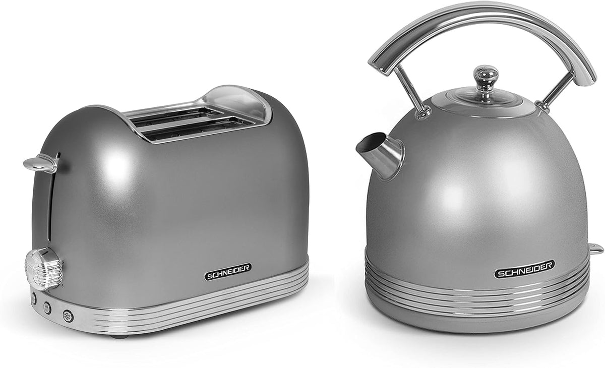 Schneider Wasserkocher & Toaster Sets, 1,7 Liter, Silber, Retro Line Frühstück-Set, Toaster & Wasserkocher, 360° Sockel & Überhitzungsschutz