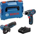 Bosch Professional Akkuschrauber, 2.0 Ah, 12 V, Blau/Schwarz/Rot, System Combo Kit: Winkelschleifer GSR -15 + Bohrschrauber