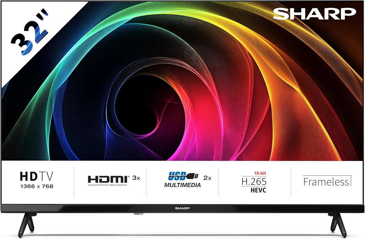 SHARP Fernseher, Schwarz, 32HA1305E, Non-SMART 32' HD, Rahmenlos, 60 Hz, Audio 2x8 W, HDMI x3, USB x2, Farbe