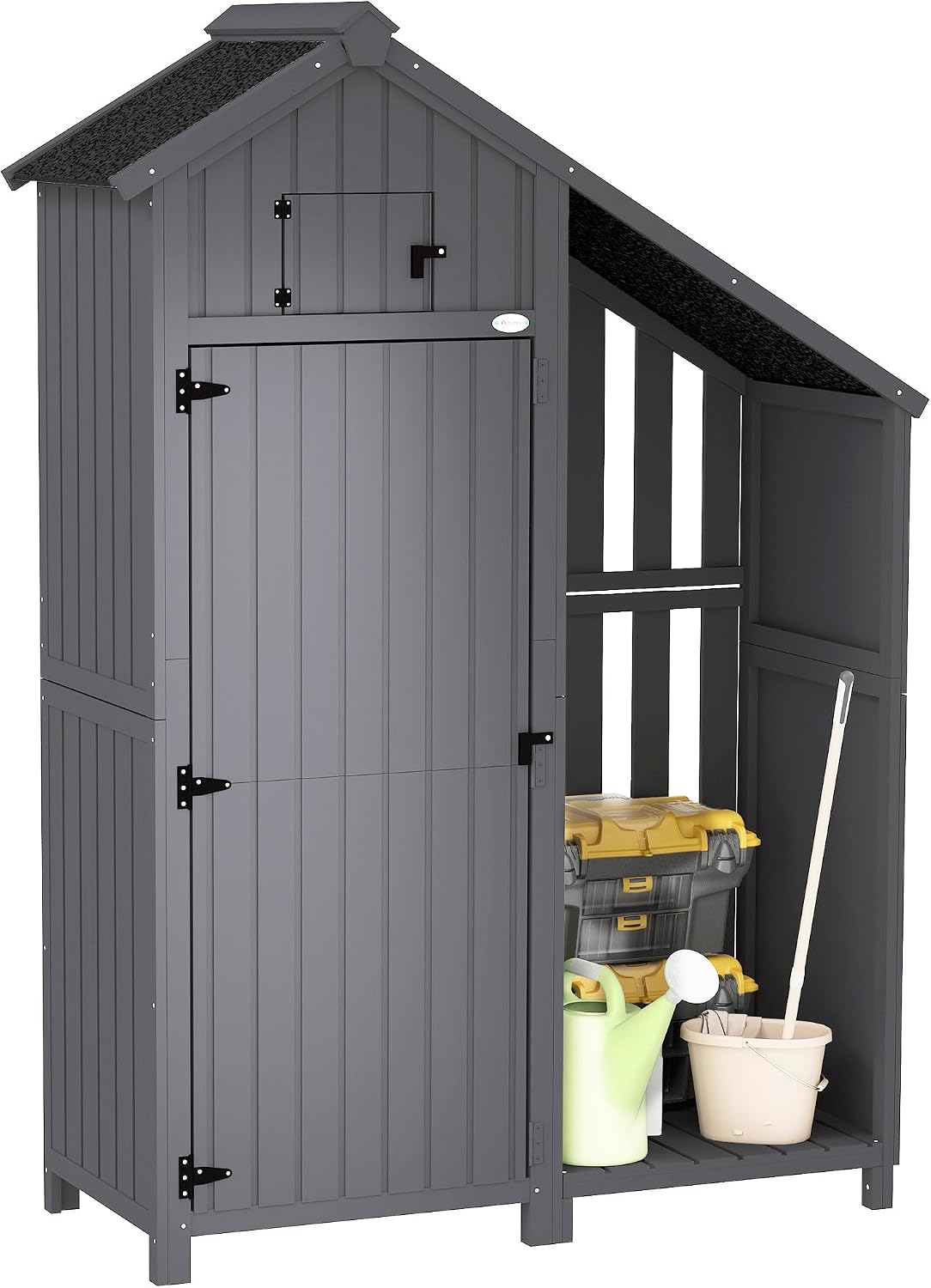 Gerätehaus Outsunny, 129 x 51,5 x 180 cm, Grau/Schwarz, Gartenschrank Holz Geräteschrank Gartenhaus mit Giebeldach