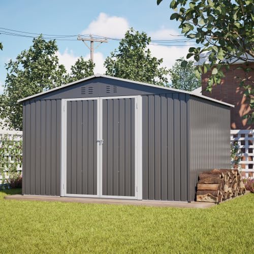 kozamas Gerätehaus, Feuerverzinktes Stahlblech, pulverbeschichtet, Grau, Großes Geräteschuppen aus Metall 10 x 8 Fuß