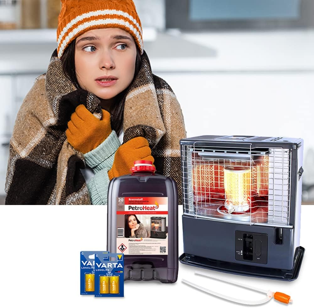 ration1.de Heizstrahler, 20 Liter, 3000 W, Schwarz/Orange/Silber, Petroleumofen Komplett Paket, Heizgerät, Zeltheizung