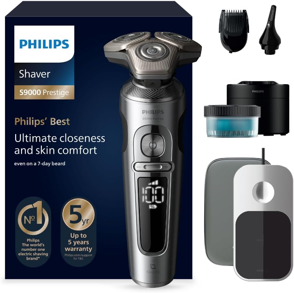 Philips Elektrorasierer, Chrom/Schwarz, Rasierer S9000 Prestige - Elektrischer Nass- und, glänzendes Chrom, Lift & Cut-Rasiersystem