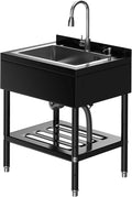 Garvee 1Becken, 65×53×100CM, Schwarz, Edelstahl Spültisch, freistehend Küchenspüle 1 Becken, Gewerbliche Spülbecken Mit Wasserhahn Kalt