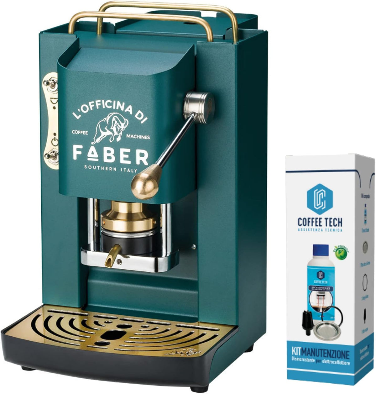 emozioni quotidiane Kaffeemaschine, 44 mm, Grün, Faber Pro Deluxe mit Messingveredelungen mit Pads