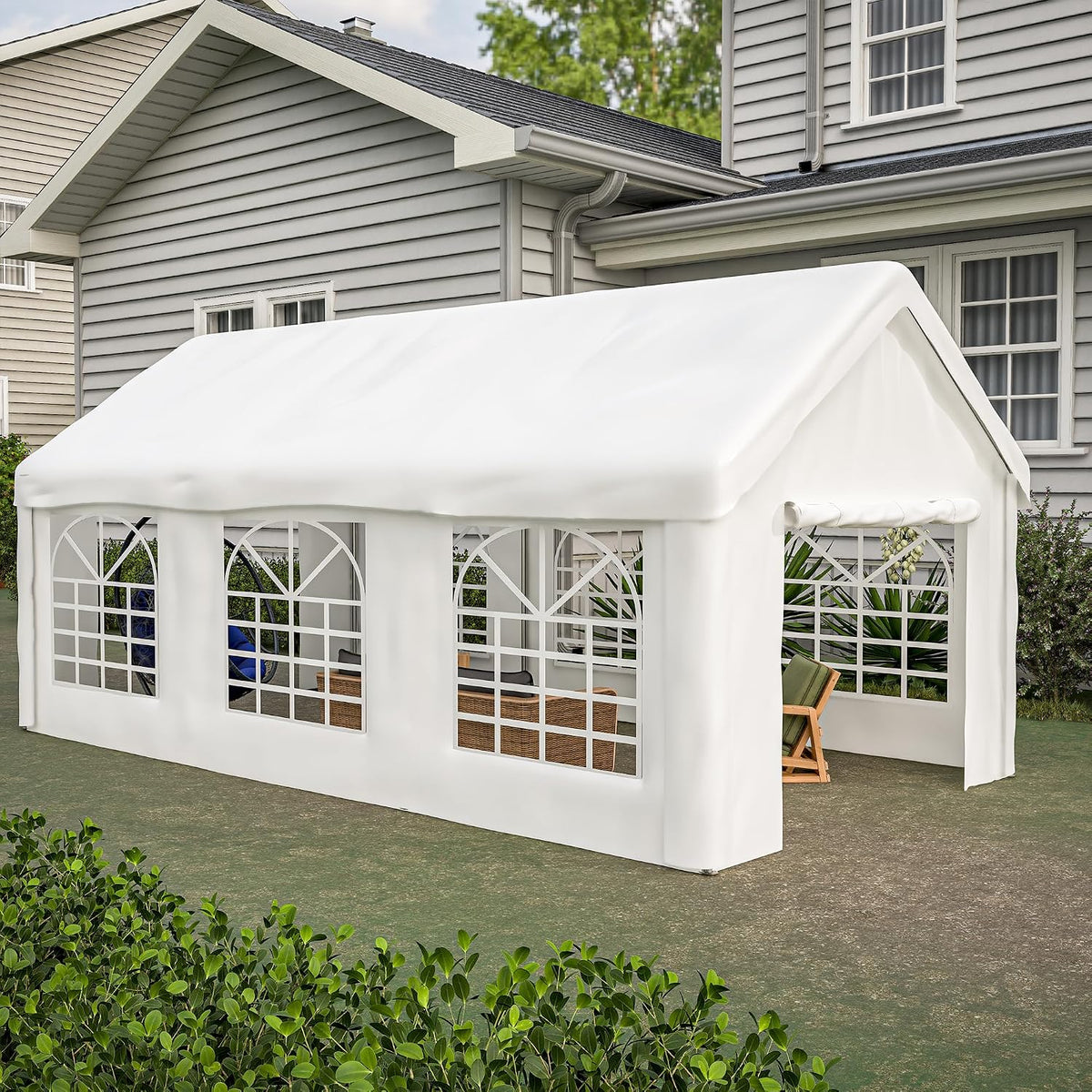 NuvlaGu Carports, Weiß, Carport Garage Zelt 3x6m, Grau, Winterfest mit Roll-Up-Fenstern, Abnehmbaren Seitenwänden & Dach