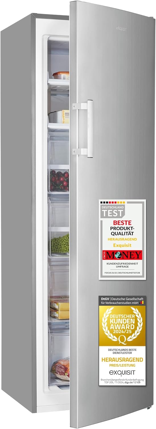 Exquisit Gefrierschrank, 204 l, 39 dB, Silber, Nutzinhalt, Energieklasse E, NoFrost, Schnellgefrieren, elektronische Temperaturregelung