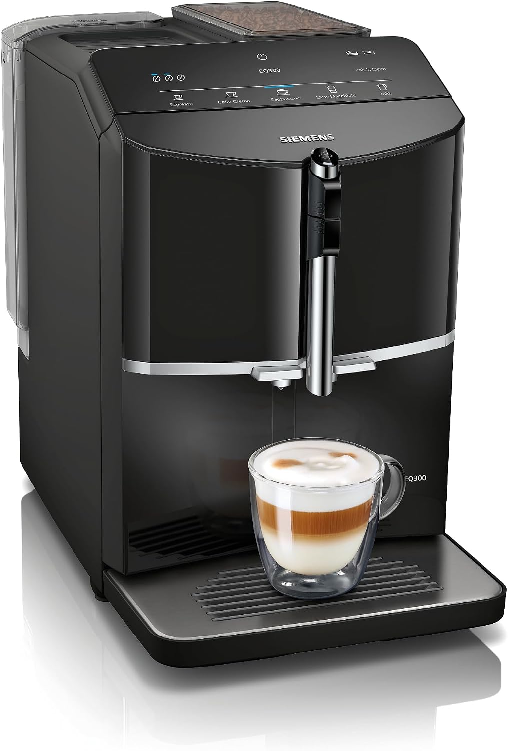 Siemens Kaffeevollautomat, Schwarz, EQ300, Milchaufschäumdüse für Cappuccino, Latte Crema, 5 Kaffee- und Milchgetränke auf Knopfdruck