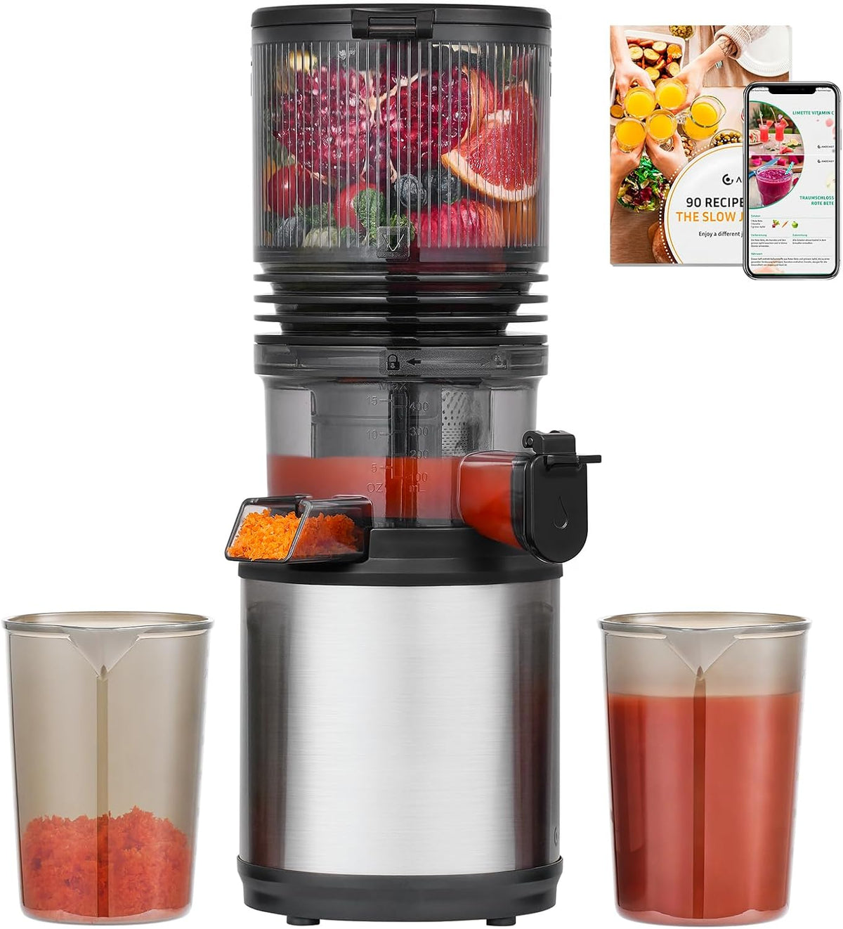 AMZCHEF Mastizier-Entsafter mit einer Schnecke, 160 mm, 180 W, 2 L, Silber/Schwarz