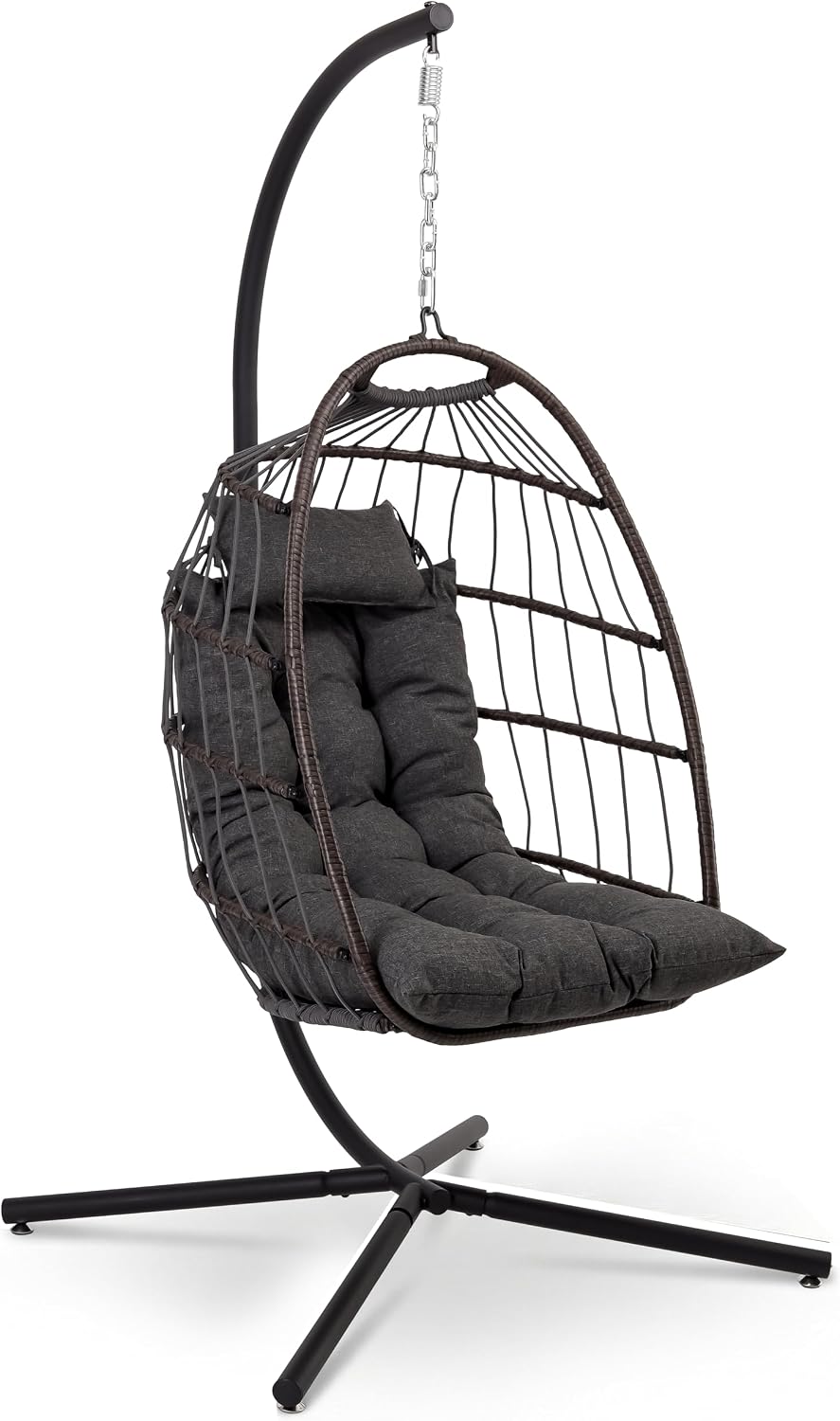 SereneLife Relaxsessel, 250 kg, Schwarz/Grau, Hängesessel mit Gestell Outdoor, Wetterfest mit Kissen faltbar für Garten Balkon Indoor Grau