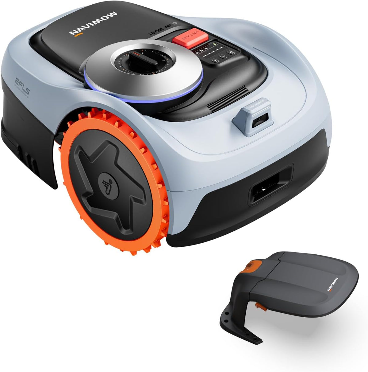 NAVIMOW Mähroboter, 800 m, Blau/Orange/Schwarz/Silber, i208 AWD ohne Begrenzungskabel mit Garage S, Allradantrieb für Steigungen bis zu 45%