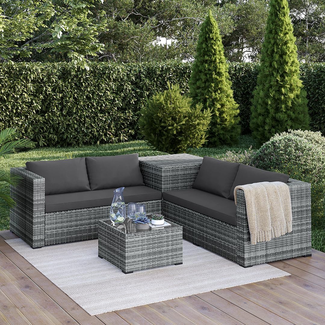 Sofa STEELSØN, Grau/Anthrazit, Veloria Rattan Gartenmöbel Set 4-TLG., Gartenlounge mit s, Tisch & Box, Outdoor Sitzgruppe bis 4 Personen