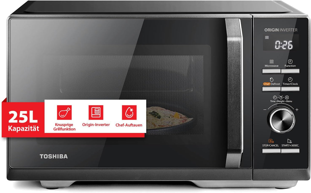 TOSHIBA Mikrowelle, 1100 W, 57 dB, 900 W, 25 L, Schwarz, MW3-AG25PFI(BK) mit Grillfunktion, 3-in-1 Kombigerät, Origin-Inverter