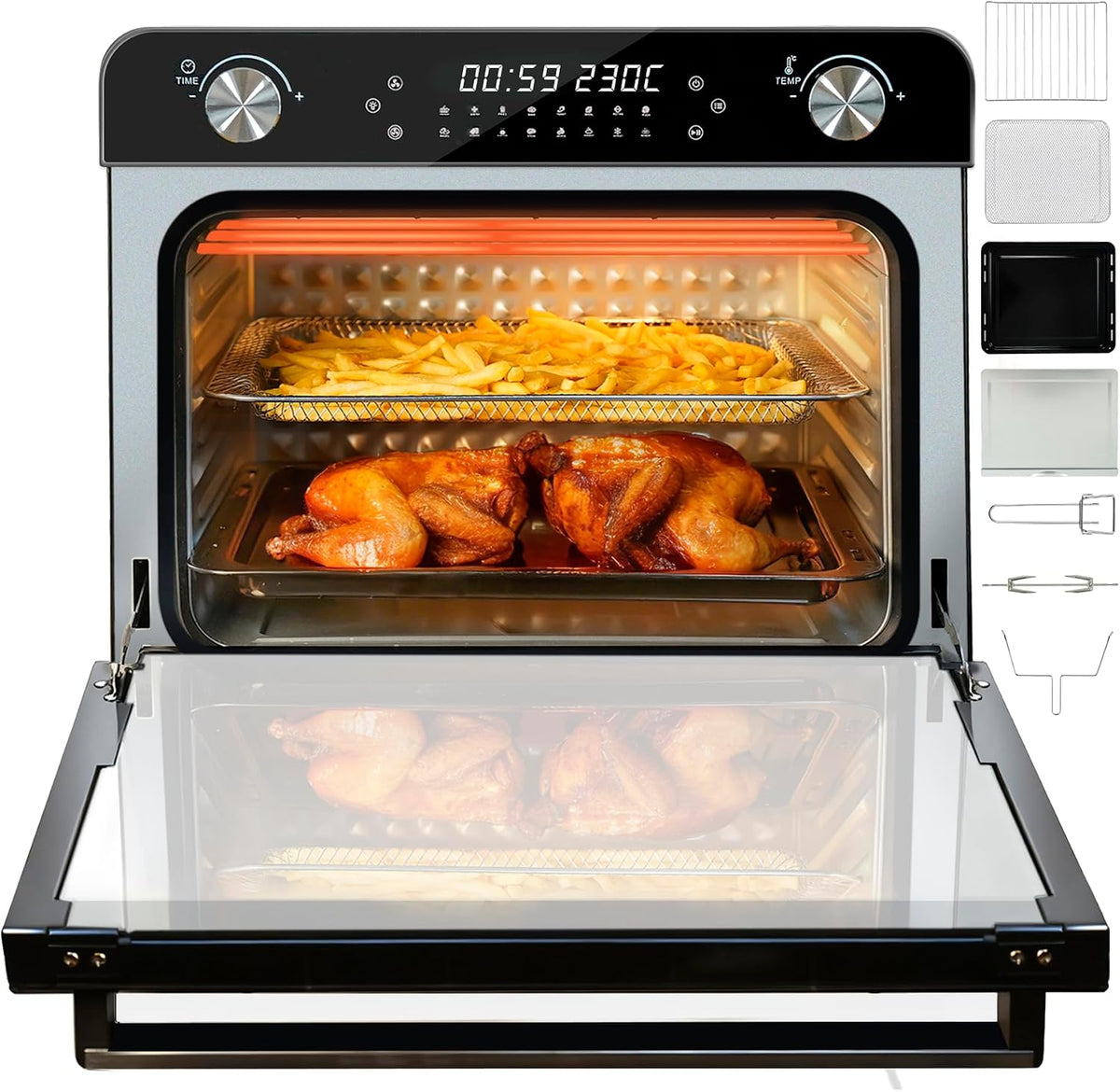 Myssdaw Heissluftfritteuse, 36 L, Schwarz/Silber, Luftfritteurofen mit Drehspieß, Tischkonvektionstosterofen Große Heißluftfritteuse