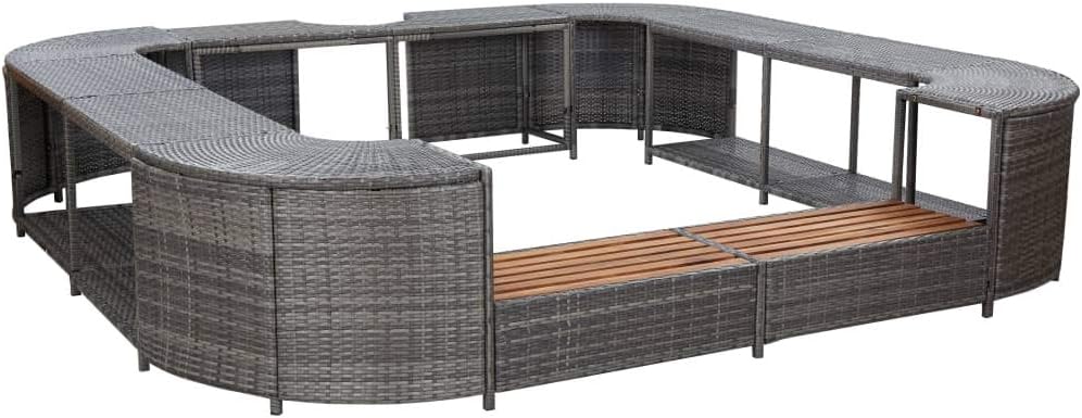 vidaXL Badewannen mit Sprudelfunktion, 268x268x55 cm, PE-Rattan, pulverbeschichteter Stahl, massives Akazienholz, Grau