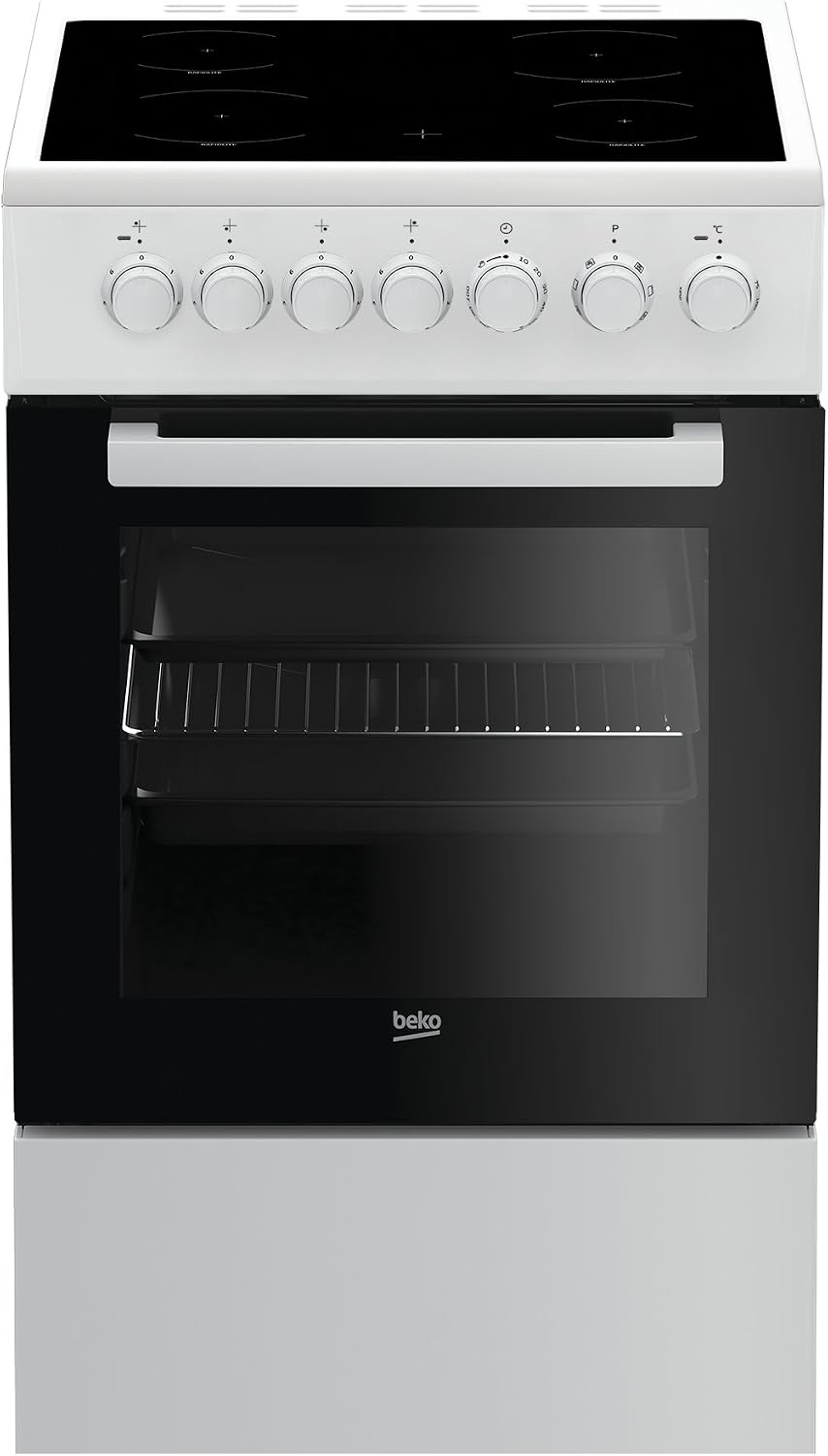 Beko Elektroherd, 55 Liter, 50 cm, Weiß/Schwarz, FSM57100GW b100 Elektro-Herd mit Glaskeramik-Kochfeld, Freistehend