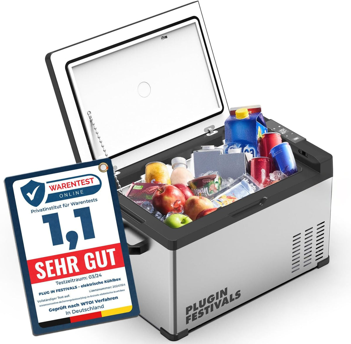 PLUG IN FESTIVALS Kühlschrank, 30 Liter, 230 V, 12 V, Silber/Schwarz, elektrische Kühlbox - Kompressor Gefrierbox bis -20 Grad