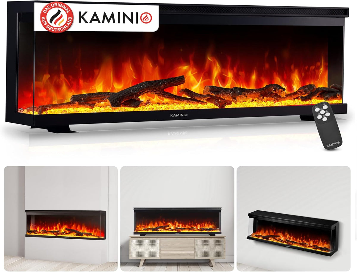 KAMINIO Elektrokamin, 60 Zoll, Schwarz, LEA - Elektrischer 3-in-1 Kamin mit Panoramaview, Heizung, 3D-Flammeneffekt