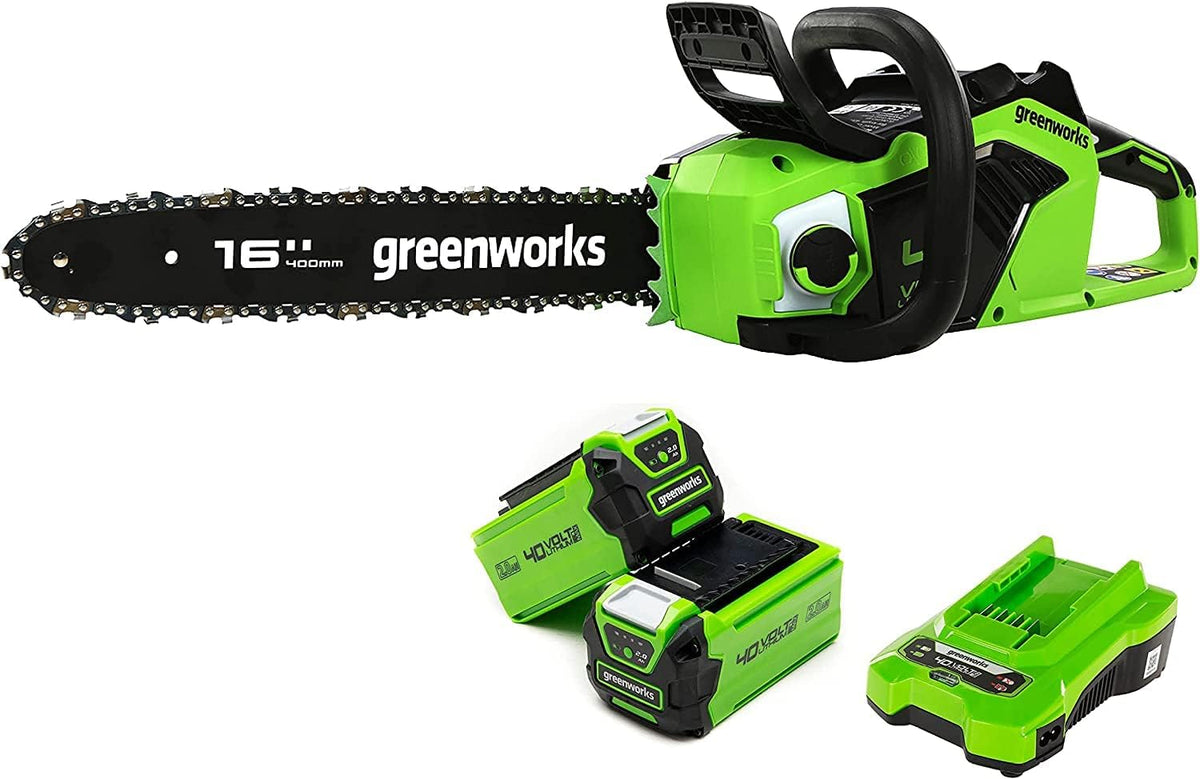 Greenworks Kettensäge, 3,81 kg, 40 cm, 20 m, 40 V, Grün/Schwarz, GD40CS18K2X Akku mit bürstenlosem Motor, Blattlänge