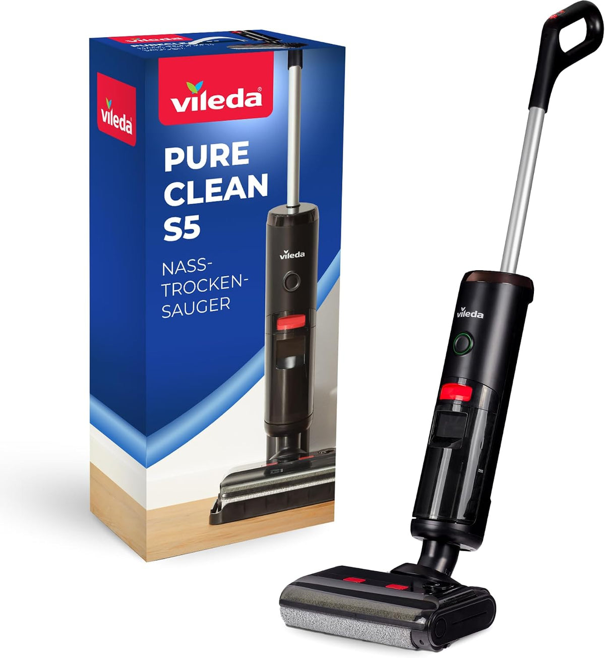 Vileda Nass- & Trockensauger, Schwarz/Silber, PureClean S5 Plus - Kabelloser mit Zubehör - 3-in-1 Kehren, Saugen & Wischen