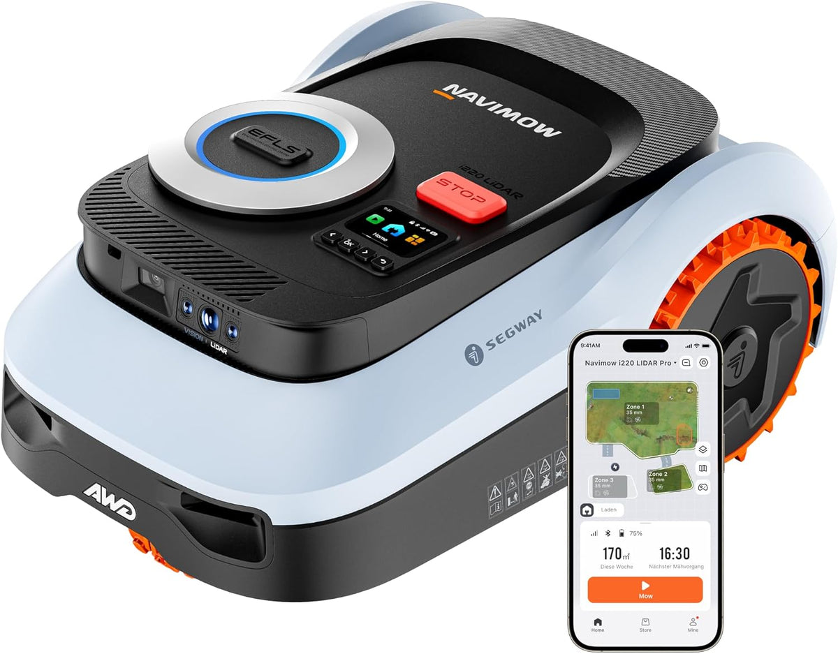 NAVIMOW Mähroboter, 2000 m, 70 mm, Schwarz/Weiß/Orange, Segway i220 LiDAR Pro ohne Begrenzungskabel für ², LiDAR+Vision+NRTK Tri-Fusion-Positionierung