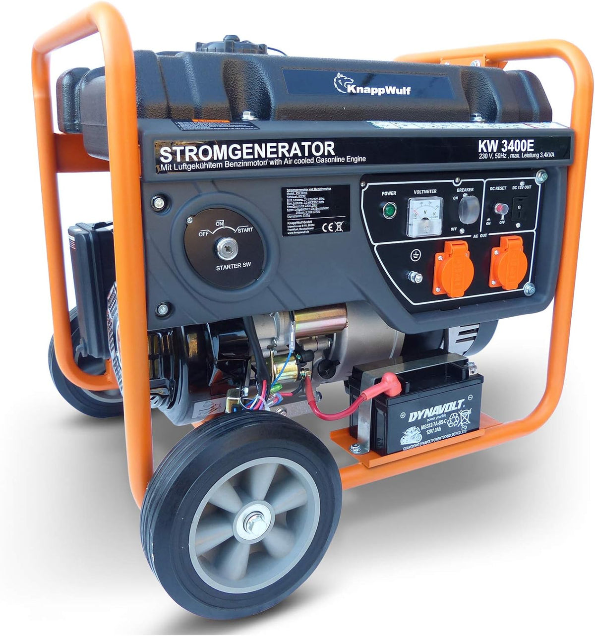 KnappWulf Powerstation, 3000 W, 15 L, Schwarz/Orange, Generator Stromerzeuger KW3400E Stromaggregat, 1x12 V