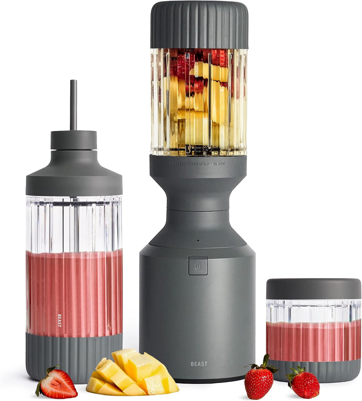 Beast Standmixer, 1200 W, Grau, Smoothie Maker Hochleistungsmixer mit 3 Tritan Mixbechers, Eis und Shakes