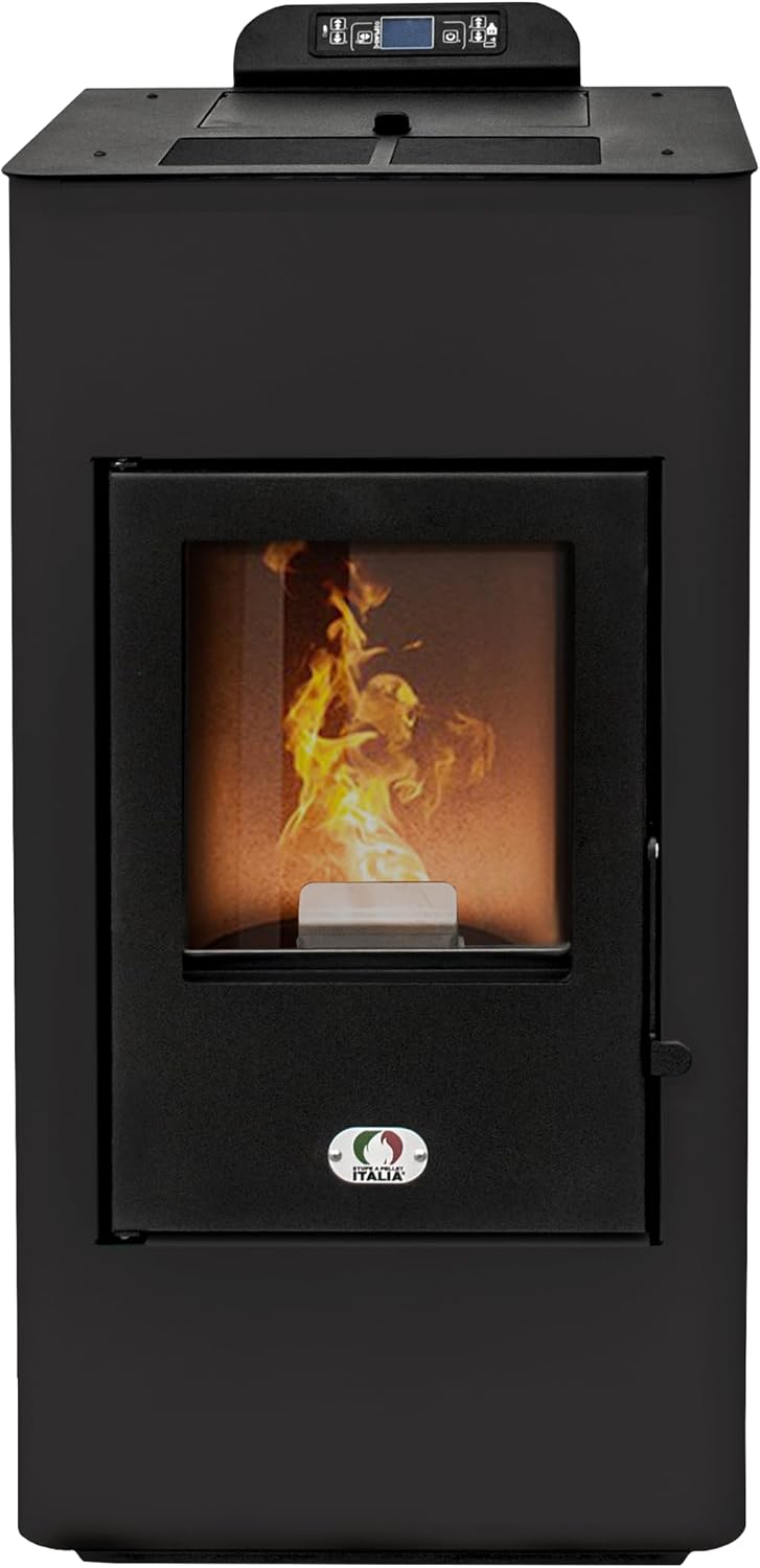 STUFE A PELLET ITALIA Öfen, 12 KW, 120m, schwarz, Super 5 Sterne WiFi, mit Belüftung Zertifizierte Effizienz 91% Heizt ² Autonomie