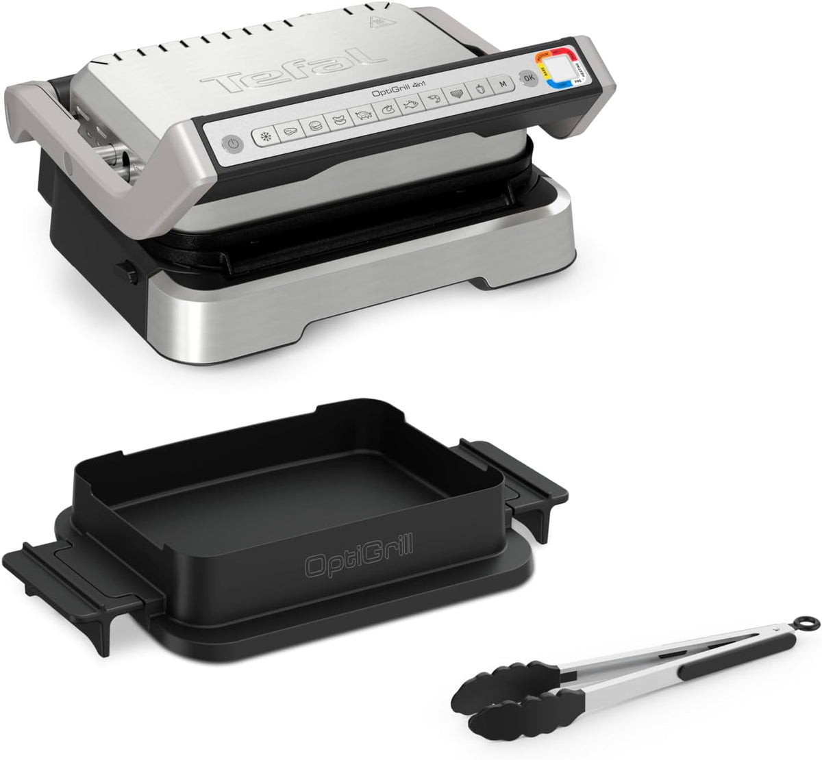 Tefal Backofen, Silber/Schwarz, OptiGrill 4in1 Kontaktgrill mit Backschale, Aufklappbar, Tischgrill, 9 automatische Programme