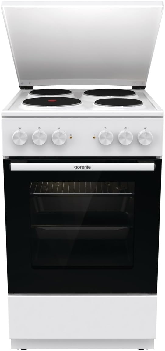 Gorenje Elektroherd, 74 Liter, Weiß/Schwarz, GE5A23WH Standherd, PerfectGrill, Pizza Mode 300°C, AquaClean, Made in Europe