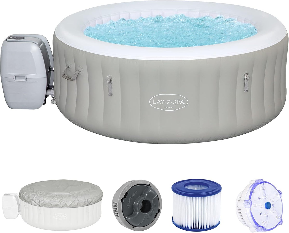 Bestway Aufblasbare Pools, 180 x 66 cm, Hellgrau/Weiß, LAY-Z-SPA Tahiti Airjet Whirlpool, 2-4 Personen, rund, hellgrau