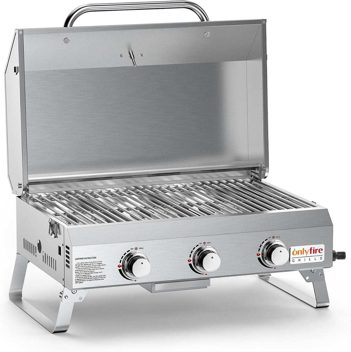 onlyfire Gasgrill, 56,5 × 34 cm, 7Kw, Silber, 3 Brenner Tragbarer, Tisch mit Grillrost, Grillfläche, mit Thermometer