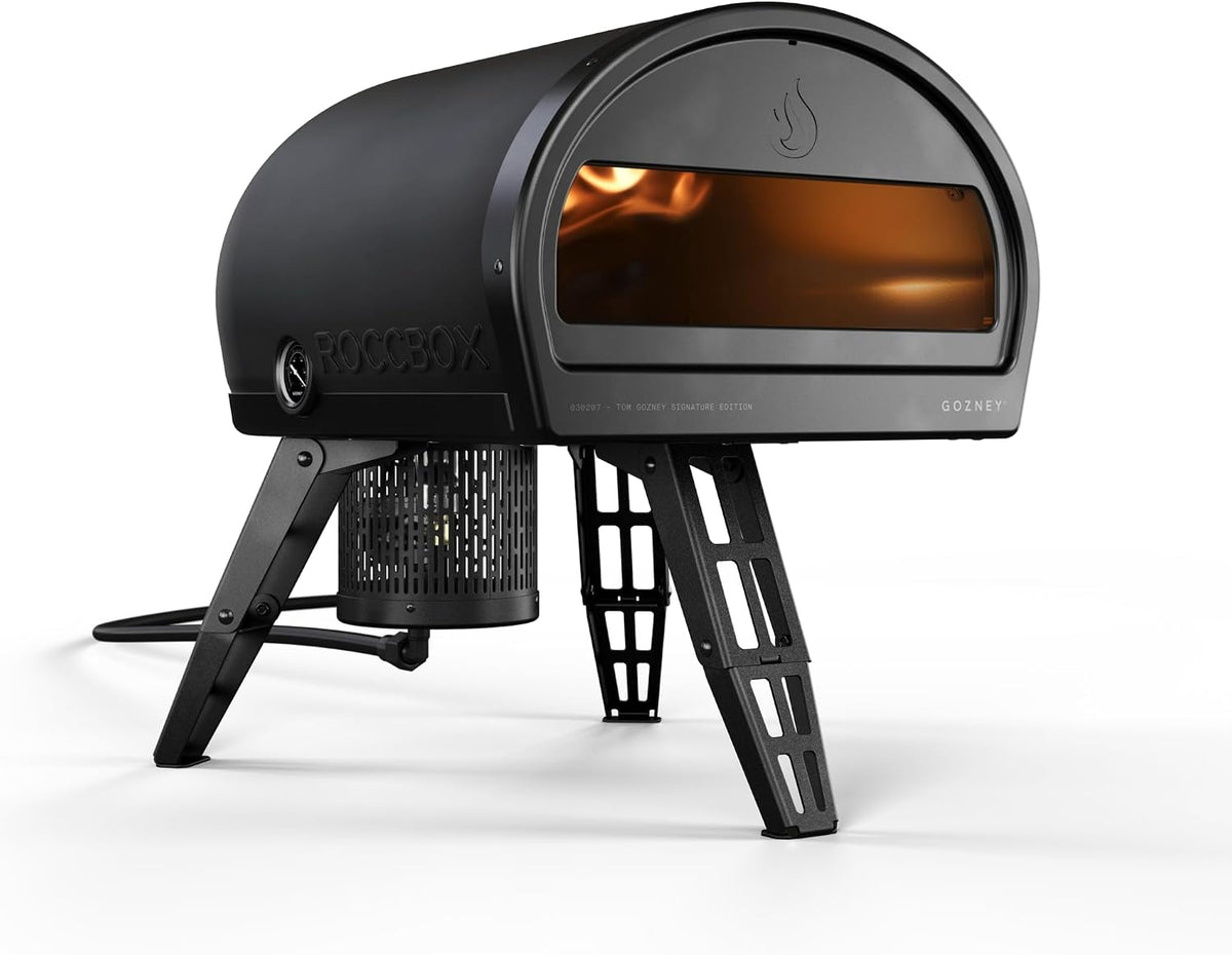 GOZNEY Pizzaofen, 21 kg, Schwarz, Roccbox Tragbarer mit Steinboden, Gas und Holz, Frontorientiert, Timer-Funktion